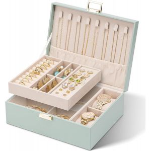Coffret À Bijoux Pour Femmes Et Filles,Rangement À 2 Niveaux En Cuir,Boîte À Bijoux Avec 2 Coussins Pour Montres,Organisateur De Bijoux,Boîte À Bijoux,Idée Cadeau,Vert Clair - Neuf