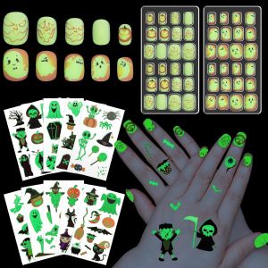 Oayew-48pcs Enfants De Faux Ongles Lumineux, Press-On Capsules Ongles Pour Enfants En Th&egrave;me Citrouille Et Fant&ocirc;me Avce 10pcs Tatouage Lumineux Pour Enfants Adolescentes Halloween Party Art D' Ongle - Neuf