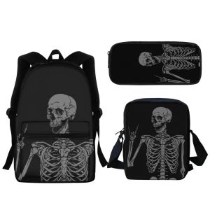 Sac à dos d'ecole pour enfants, motif squelette noir, imprime, style gothique, fermeture éclair, pour garcons et filles, 3 pieces, cartable de maternelle, trousse à crayons - Neuf