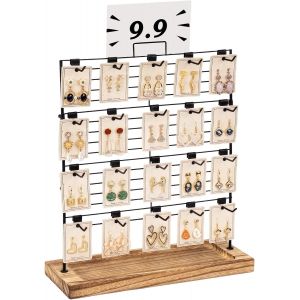 Organisateur De Boucles D'oreilles, Présentoir À 4 Niveaux Avec Base En Bois, 20 Crochets Pour Bijoux, Boucles D'oreilles, Colliers, Bouchons, Bracelet (Métal Et Bois) - Neuf