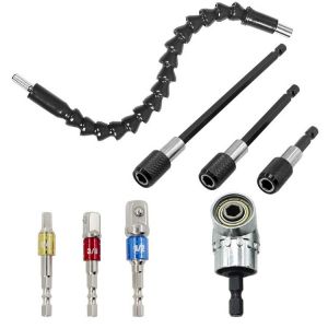 Tournevis d'angle, 3 embouts de tournevis magnétiques à tige hexagonale + 1 foret à angle droit + 1 mandrin de perceuse à angle flexible + 3 embouts de tournevis à percussion - Neuf