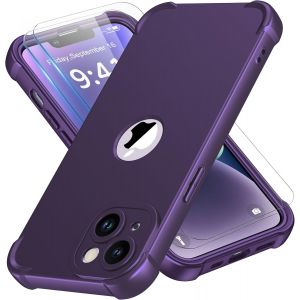 Maa-Coque Pour Iphone 14 + 2 Pièces Verre Trempé Protection Écran, Antichoc Souple Silicone Tpu Arrière Rigide Pc Avant Housse De Protection Pour Iphone 14 Case 6,1"" Violet Foncé - Neuf