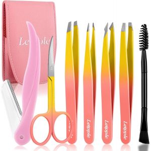 ERYI-Pince A Epiler 7Pcs Pour Femmes-Pince À Épile De Précision Avec Étui De Voyage-Pince À Épiler En Acier Inoxydable Pour Les Sourcils Avec Ciseaux,Rasoir,Miroir Pour Les Cheveux Incarnés (Jaune/Or - Neuf