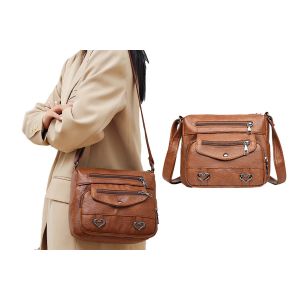 Sac bandouli&egrave;re en similicuir marron pour femme, avec plusieurs poches. - Neuf