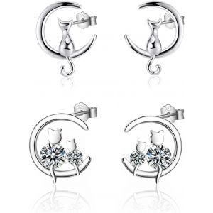 Senior-2 Paires Boucles D'oreilles En Argent 925 Pour Femme Fille Boucles D'oreilles Chat Argent Boucles D Oreilles Femme Lune Clous D'oreilles Femme Argent Zirconium Rond Boucles D'oreilles Arge[L2043] - Neuf