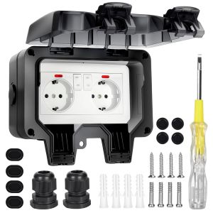 Prise Ext&eacute;rieure &eacute;tanche Ip66 Double Prise avec Interrupteur et Voyant Lumineux,Prises Murale de Protection,Prises Ext&eacute;rieure avec Couvercle Rabattable pour Jardin Cuisine Garage Ext&eacute;rieur - Neuf
