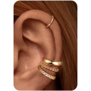 Kal-Ear Cuff Boucle D'oreille Sans Trou Pour Femme -Paires Faux Piercing Helix Réglables Plaqué Or Pour Cartilage Sans Perçage, Ohrclips Hypoallergéniques Pour Oreilles Non Percées - Neuf