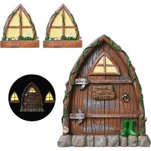MEVRONISSHOP-Portes et Fenêtre de Fée Miniatures Lumineux, Fée GNOME Miniature Statues Arbre de Porte Brille dans Le Noir, Fées Porte de Jardin Porte Miniature Décoration de Jardin - Neuf