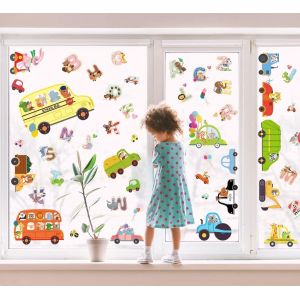 Trahoo-[62 Pièces] Stickers Fenêtre Enfant Voiture + Lettres Réutilisable I Stickers Vitres Décoratifs Animaux Jungle I Autocollant Fenêtre Chambre Garçon Bébé Printemps Été (Non Adhésif) - Neuf