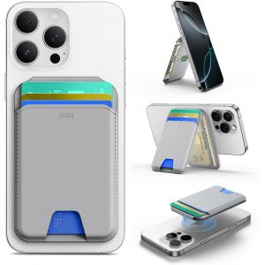 SJZG-Porte Carte Avec Magsafe(Halolock), Compatible Avec Blocage Rfid, Avec Support R&eacute;glable, Wallet Pour Iphone S&eacute;rie 16/15/14/13/12, Non Iphone 13/12 Mini, 5 Porte-Cartes, Cuir V&eacute;gan, Gris - Neuf