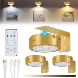 SUBZONAL-Lot De 3 Lampe Murale Sans Fil Rechargeable, Eclairage Tableau Led Pile Avec T&eacute;l&eacute;commande Dimmerable, Appliques Pour Tableaux Et Vitrines, Lampe Led Aimant&eacute;e 3 Temp&eacute;ratures De Couleur(Dor&eacute;) - Neuf
