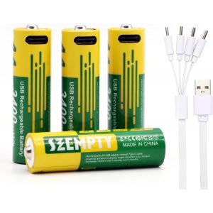 Lot de 4 piles AA rechargeables 3400 mWh 2250 mAh 1,5 V USB-C Lithium AA-Avec câble de charge 4 en 1 de type C-Plus de 1200 cycles. - Neuf