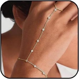 Eryi-Bracelet Chaîne De Main En Argent Pour Femme - Bague Plaquée Argent Avec Zircone Cubique - Bracelet Simple Et Étanche - Bijou Tendance Pour Femme - Neuf