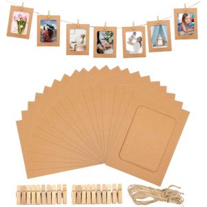 Cadre Photo en Papier 20 Pi&egrave;ces DIY Kraft Papier Cadres,Cadre Photo Carton,Cadre Photo en Papier Kraft &agrave; Suspendre avec Pinces en Bois et Corde de Chanvre pour D&eacute;coration de Murale 15.5 x 1 - Neuf