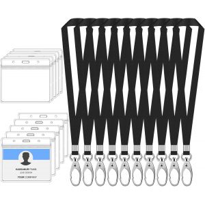 10 Sets Porte Badge & Cou Cordon, Lani&egrave;res avec ID Carte Porte, Nom Protege Carte &Eacute;tanche Horizontal, Courroie Tour de Cou Sangle de Cou pour Carte d'Identit&eacute;, Bureau (Noir) - Neuf