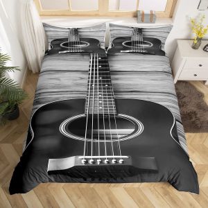 Sjzg-Housse De Couette Guitare 220x240 Ensemble De Literie &Agrave; Th&egrave;me Musical Pour Enfants Guitare Vintage Sur Parure De Lit En Bois,D&eacute;coration Pour Chambre De Gar&ccedil;ons Et 2 Taies D'oreiller Gris - Neuf