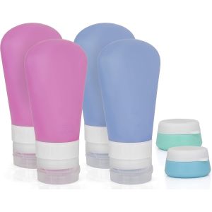 MAA-Set 4 Flacons Vides & 2 Pots pour Valise Cabine - Kit Tubes Cosmétiques Silicone Rechargeables - Bouteilles Format Voyage approuvé TSA 89 ML 6X - Neuf