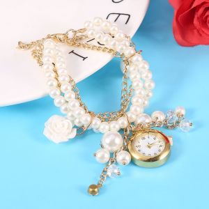 Montre-Bracelet Analogique A Quartz Pour Femme, Bracelet En Perles D'imitation, Blanc Et Rose - Neuf