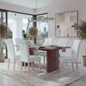 Lot de 6 chaises de salle &agrave; manger HWC-O66, chaise de cuisine, chaise rembourr&eacute;e, Chesterfield rivets tissu/textileblanc - Neuf