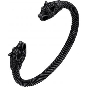 Eryi-Bracelet Viking Homme,Bracelets Tête De Loup Fenrir/Corbeau/Dragon,Acier Inoxydable/Noir,Jonc Ouverte,Bijoux Nordique Gothique (Boîte Cadeau) - Neuf