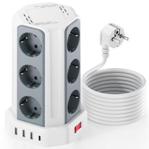 Multiprise Electrique 5M, 12 Prises et 5 Ports USB, Multiprise Parefoudre avec 2 Interrupteurs Protection Contre, 5M Cordon,Convient pour Le Salon, la Chambre, et Le Bureau. - Neuf