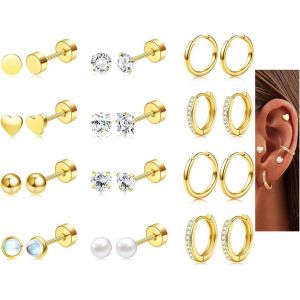 Kal-12paires Boucles D'oreilles Pour Femmes Hommes Acier Chirurgical Hypoallergénique Créoles Cz Pierre De Lune Flatback Helix Cartilage Tragus Boucles D'oreilles Multiperforation Or Argent - Neuf