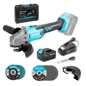 Meuleuse d'Angle sans Fil 20V &Oslash;125mm 8500tr/min DURATECH Meuleuse Angulaire sans Balais avec Batterie 4,0Ah, Disqueuse Angulaire sans Fil avec 5 Disques a Tronconner et 3 Disques Abrasifs et Boite - Neuf
