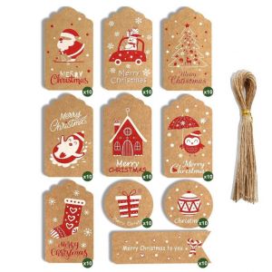&iquest;Style E&iquest;100 Morceaux de Papier Kraft de No&euml;l Balises avec de la Ficelle, Papier Kraft Brun No&euml;l Balises, Cachet et &Eacute;tiquette de Cadeau de No&euml;l Emballage, 10 Dessins pour la D&eacute;coration de No&euml;l - Neuf