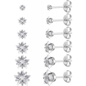 Kal-Lot De 6 Paires De Clous D'oreilles En Acier Inoxydable Chirurgical Avec Vis Arrière Plaqué Or 18 Carats En Forme De Coeur, Étoile, Carré, Coupe Princesse, Rondes, Zircons Cubiques Blancs, Pour Fe - Neuf