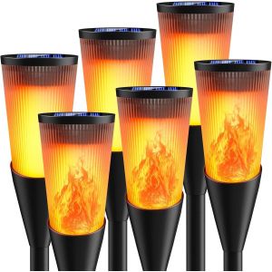 Lumi&egrave;res Flamme Solaire Exterieure, 6 Pi&egrave;ces 12 Led Lampe Solaire Flamme Ip65 &Eacute;tanche, 2 Modes Lampe Torche Solaire Avec Flammes R&eacute;alistes Pour D&eacute;cor, Jardin, Patio, Chemins, Pelouse - Neuf