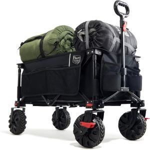 VornixorSarlshopXXL Chariot de Transport Pliable avec Frein Chariot Plage &agrave; roulettes Tout Terrain Roues Amovibles Poign&eacute;e R&eacute;glable Poche Lat&eacute;rale pour Jardin Plage Camping Pique-Nique BBQ Match - Neuf