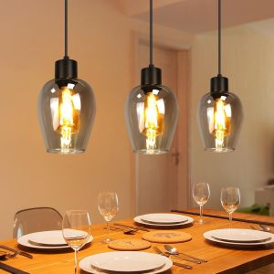 Subzonal-Suspension Noire 3 Luminaires - Lustre Industriel Vintage Avec Verre Fum&eacute; Pour &Icirc;lot De Cuisine Lampe Pendante E27 Pour Salle &Agrave; Manger Salon Escalier, Sans Ampoule - Neuf