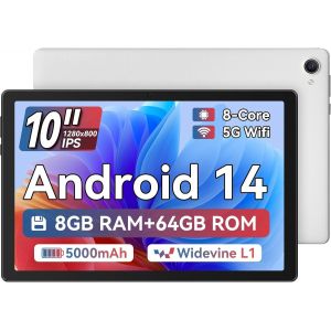 KALWS-Tablette Android 14,Tablette 10 Pouce Processeur Octa-Core,8Gb+64Gb(Tf 1Tb),1280X800 Hd Ips Tablette Wi-Fi 6 Model/Widevine L1/5000Mah/Double Caméra/Identification Faciale Tablette Pc-Blanc - Neuf