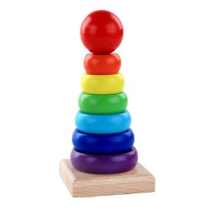 Jouet musical en bois, jeu interactif parent-enfant, jeu d'enfilage de perles/de branchement pour tout-petits, cadeau de P&acirc;ques pour enfants-Tour arc-en-ciel - Neuf