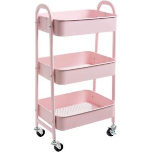 SUBZONAL-Chariot de Rangement M&eacute;tal Chariot &agrave; roulettes 3 Niveaux Chariots Cuisine Chariots de Service Roulant pour Chambre Salle de Bain Bureau, Rose - Neuf
