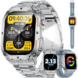 Montre Connect&eacute;e Homme 3ATM &Eacute;tanche avec Appels Bluetooth/Torche LED, 2,13'' AMOLED Grand &Eacute;cran Militaire Smartwatch, 100+ Mode Sportifs, SPO2/Fr&eacute;quence Cardiaque pour Android iOS, 2 Bracelets - Neuf