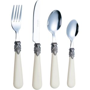 Checarzhn--No1-Ensemble De Couverts Crème Ivoire 16 Pcs, Acier Inoxydable Avec Poignée Détaillée, Traditionnel, Élégant, Vintage Style/Antique (Wf28-16crm) - Neuf