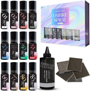 Kit 12 Vernis Semi-Permanent Gel Uv Airbrush Ongle ¿ Nail Art ¿ Séchage Rapide Lampe Uv/Led ¿ Haute Pigmentation ¿ Manucure Ongles ¿ Nettoyant Aérographe ¿ Pochoir (Rose) - Neuf