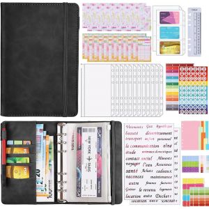 JEXNOVASHOP-Classeur Budget A6 Envelope 12 PVC 24 Feuilles Budget 2 Pochettes pour Cartes 2 Autocollants Fran&ccedil;ais Pour Bureau Maison,Noir - Neuf