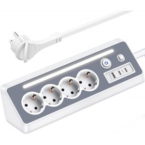 Multiprise avec USB et 2 Types C - Multiprise d'angle &agrave; 4 Prises avec Lumi&egrave;re LED- Protection Contre Les Surtensions - 3680W/16 A Multiprises avec Interrupteur -Prise Plan De Travail Cuisine, Bureau - Neuf