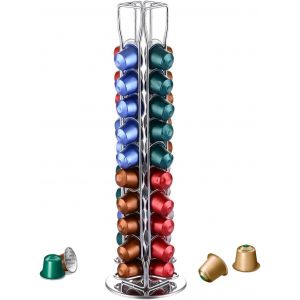 Porte Capsules Nespresso 40 Pieces Rotatif 360 Degres Acier Inoxydable Bureau Cuisine 11.5x11.5x39cm Argent Chrome - Neuf