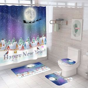 4 pi&egrave;ces de No&euml;l Rideau de Douche Fixe avec anti-D&eacute;rapant Tapis Couvercle des Toilettes Couverture et Tapis de Bain Elk Rideaux de Douche de salle de Bain Imperm&eacute;able d&eacute;coratif de Cadeaux pour No&euml;l - Neuf