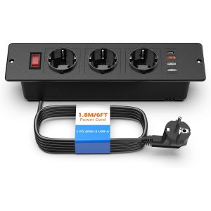 Prise Encastrable USB C PD 20W, Multiprise Encastrable 3 Prises avec 3 Ports USB A avec Interrupteur, C&acirc;ble 1.8m Noir - Neuf