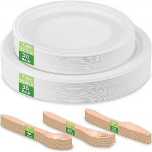 Checarzhn--No1-Assiettes Carton Ronde Et Couverts Jetables Anniversaire Mariage, Ensemble Assiette En Papier Blanche Rigide De Noël, Vaisselle Jetable 150 Pièces, Service De Table Complet Lot De 30 P - Neuf