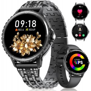 Montre Connect&eacute;e Femme Appels T&eacute;l&eacute;phonique Pour Android Ios 1,27"" Hd Noir Acier Inoxydable Diamant Smartwatch Ronde,Fr&eacute;quence Cardiaque,Moniteur De Sommeil,Podom&egrave;tre,Calories,100+ Mode Sport - Neuf
