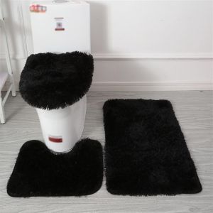 KAL-Lot De Tapis De Bain Antidérapant, 3 Pièces, Tapis Contour Toilette À Poils Longs, Shaggy Couvercle Pour Abattant Wc Noir - Neuf