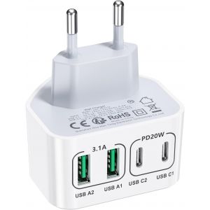 Chargeur Usb C, 40W 4 Ports Usbc Rapide Chargeur, Plat Compact Adaptateur Usb C Peu Encombrant, Chargeur Mural Pour Petits Espaces, Compatible Avec Iphone 16/15/14, Samsung S25/S24/S23, Portable - Neuf