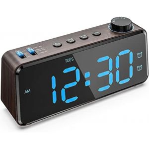 Radio-r&eacute;veil num&eacute;rique avec Station de Charge USB,&Eacute;cran LED &agrave; intensit&eacute; Variable,Alimentation Secteur avec Batterie de Secours,D&eacute;coration de Chambre &agrave; Coucher en Bois - Neuf