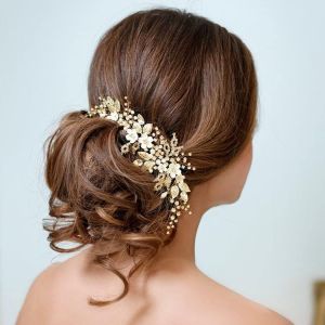 Kal-Serre-Tête De Mariage En Cristal Avec Fleurs Et Perles Argentées - Accessoires De Cheveux Pour Femme Et Fille (Doré) - Neuf