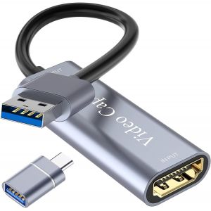 Capturateur vidéo HDMI vers USB 3.0,4K/1080P HD,Compatible avec Windows/Mac OS/Linux,Adaptateur pour Streaming en Direct,Jeux et vidéoconférences,argenté - Neuf